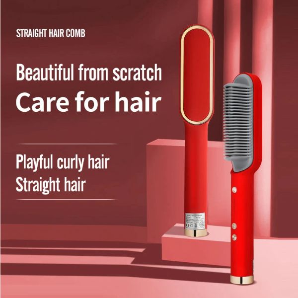 Pro Straightening Brush, Anti-scald Hot Comb Hair Straightener & Curler - 2024