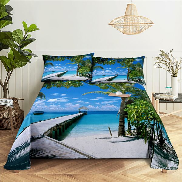 Coconut Tree Beach 0.9-1.2-1.5-1.8-2.0m Digital Printing Polyester Bed Flat Sheet With Pillowcase Print Bedding Set