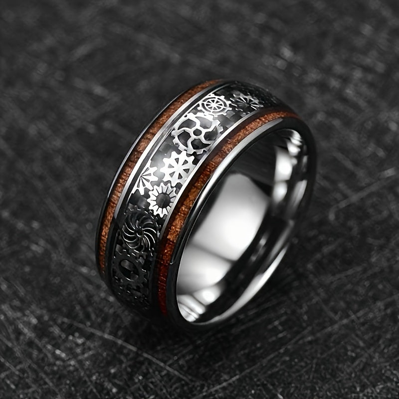 TEMU 1pc 10mm Men' Steel Ring - Wood Grain & Mechanical Gear Design, Wedding Band For Him, Unique Gift For Dad Or Best Friend