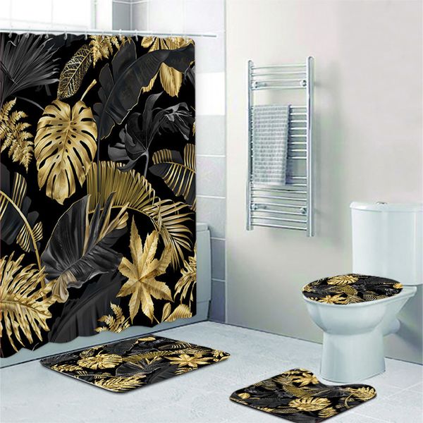 Shower Curtains Black and Gold Tropical Plant Palm Leaf Bathroom Shower Curtain Set for Bathtub Exotic Leaves Bath Mats Rugs Toilet Home Dec
