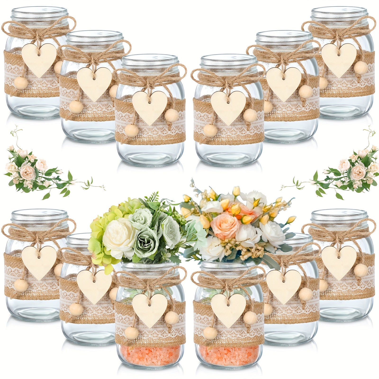 TEMU 12 Sets Mason Jar Table Centerpiece With Lace Sleeves And Heart Shaped Hemp Rope Rustic Mason Jar Vases Reception Engagement Party Bridal Shower