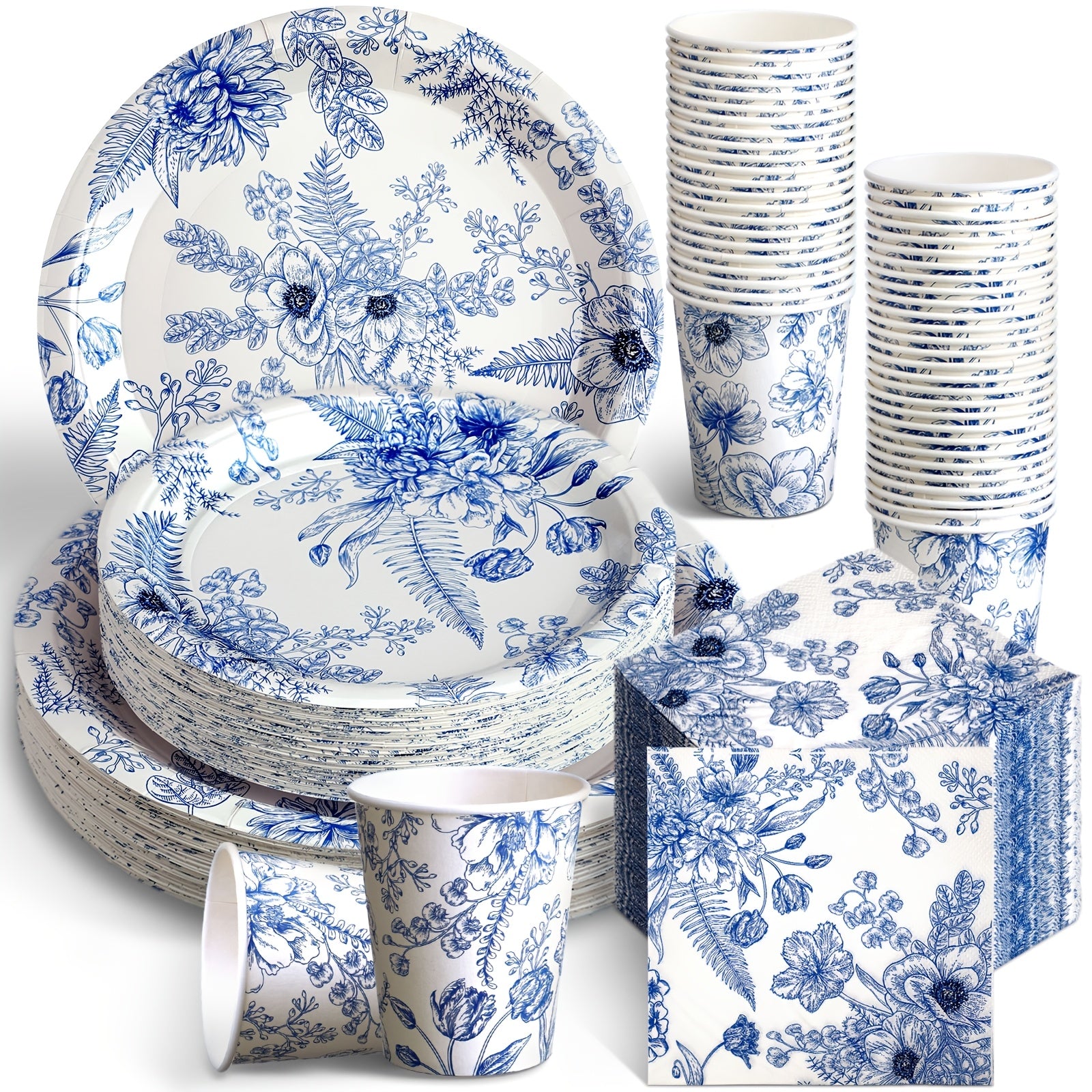 TEMU 250pcs Blue Disposable Plates And Napkins Floral Tableware Set For 50 Guests Disposable Plates Napkins Cups For Wedding Baby Bridal Shower Party