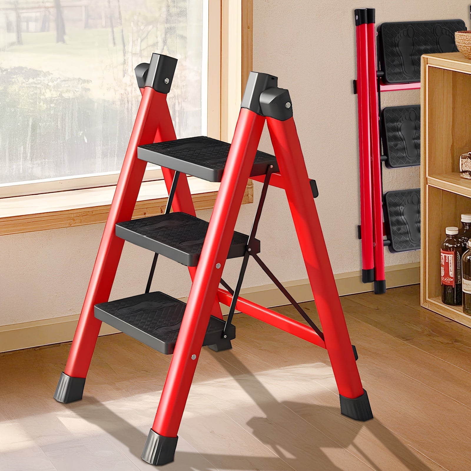 TEMU 3-4-step Folding Ladder 660lbs Load Bearing, Folding Step Ladder Flat 5cm Storage, Step Ladder With Locks, Non-tip Step Stool For Shelves,