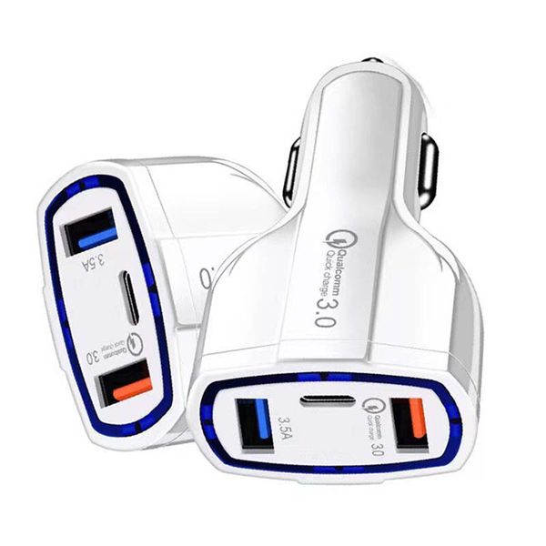 838DD 3-Port Car Charger 3.5A USB QC3.0 Type-C Fast Charging for iPhone 13 14 Xiaomi Samsung Mini Quick Chargers Vehicle Adapter without Pac