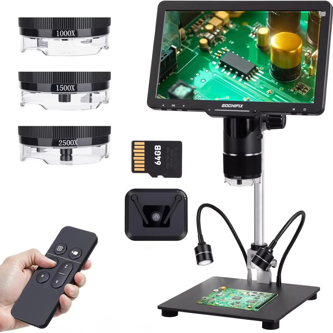 GOCHIFIX 10.1'' 3 Lens 2K Digital Microscope 2X-2500X Soldering Microscope for Electronics Repair Coin Microscope with I