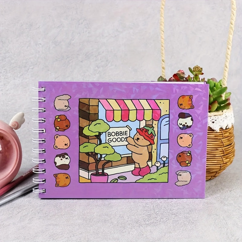 TEMU Notebook - Cute Cartoon Bear & Bookstore Design, White Spiral Bound Journal For Teens & Adults 14+, Durable Paper, Chemical-free, Creative