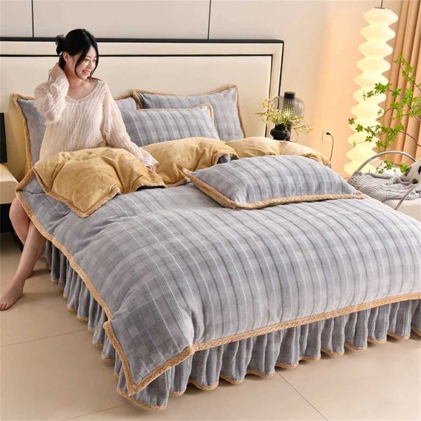 Thickened Bed Skirt Milk Velvet Four Piece Set Bed Sheet Quilt Cover Autumn Winter Carved Milk Velvet Bedding Set Bedroom DecorXJ241015