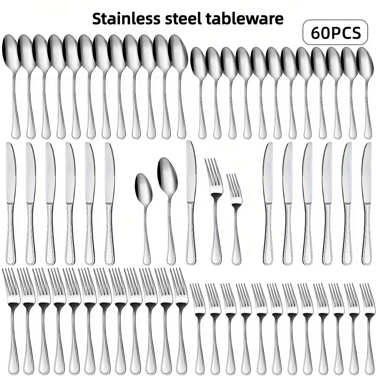 TEMU 72pcs 60pcs Stainless Steel Silverware Set, 12-person Cutlery Set, Cutlery Set Including Knife, Fork, Spoon, Steak Knife Set, Household,