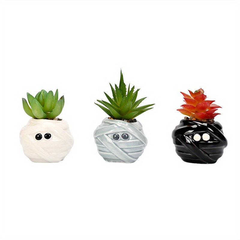 TEMU 3pcs Cute Ceramic Succulent Planters With -wrapped Eyes & Smiling - Contemporary White Mini Pots For Indoor-outdoor Decor, Easter & Halloween