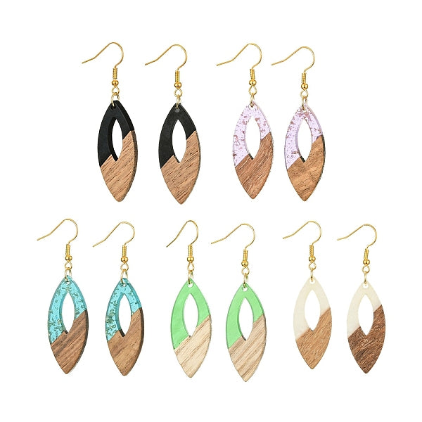 Boucles d'oreilles pendantes en résine bicolore et bois de noyer