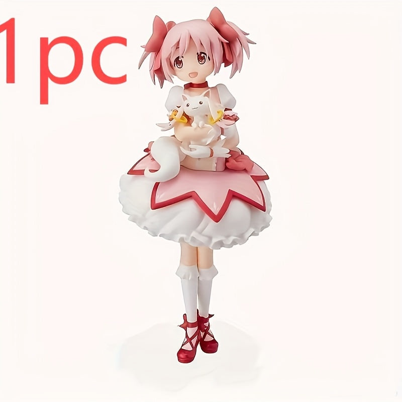 TEMU Anime Girl Figurine With Cat - Pink And Red Outfit, Collectible Hard Rubber Statue, 18cm Height, Desk & , Ideal Gift For Anime Fans, Anime