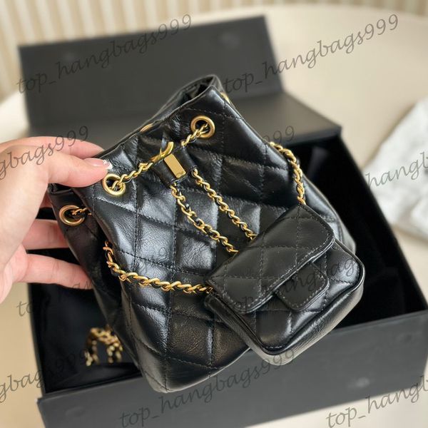 Womens Black Lambskin 2in1 Classic Quilted Diamond Lattice Mini Drawstring Bucket Bags Soft Leather Gold Chain Coin Flap Lipstick Card Holde