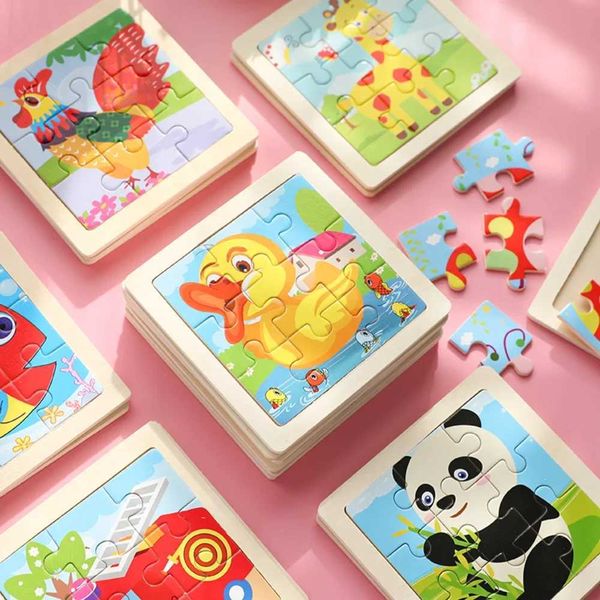 9 Pieces Kids Wooden Board Puzzle Cartoon Animal Traffic Tangram Educational Jigsaw Montessori Toys for Children Gifts 11X11CM C250211