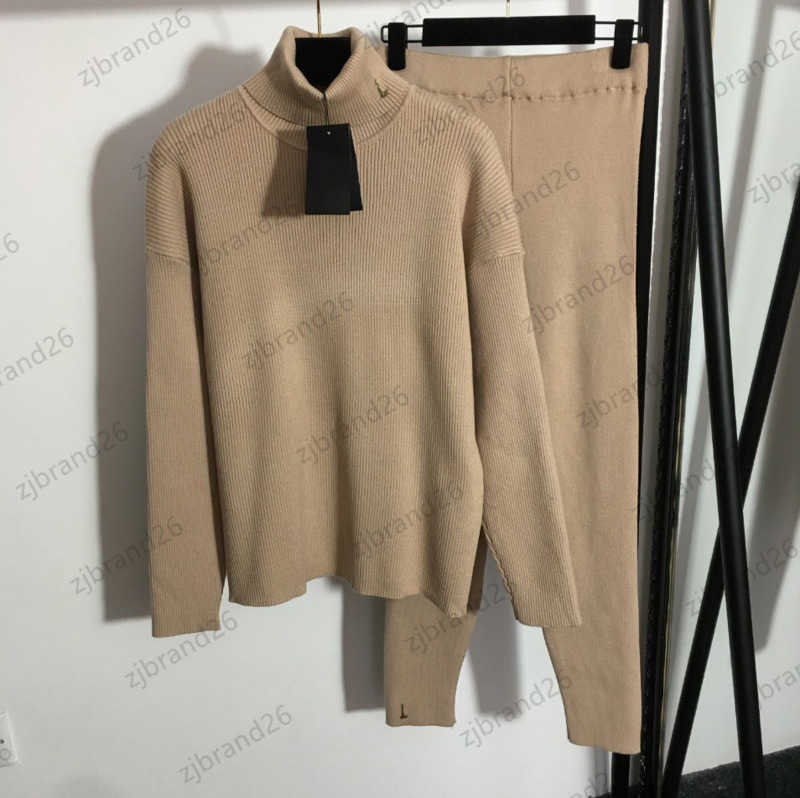 Womens Two Piece Pant Brand Logo Embellished High Collar Long Sleeve Sweater Tops Elastic Waist Slim Trousers Autumn And Winter Warm Women Apparel 5