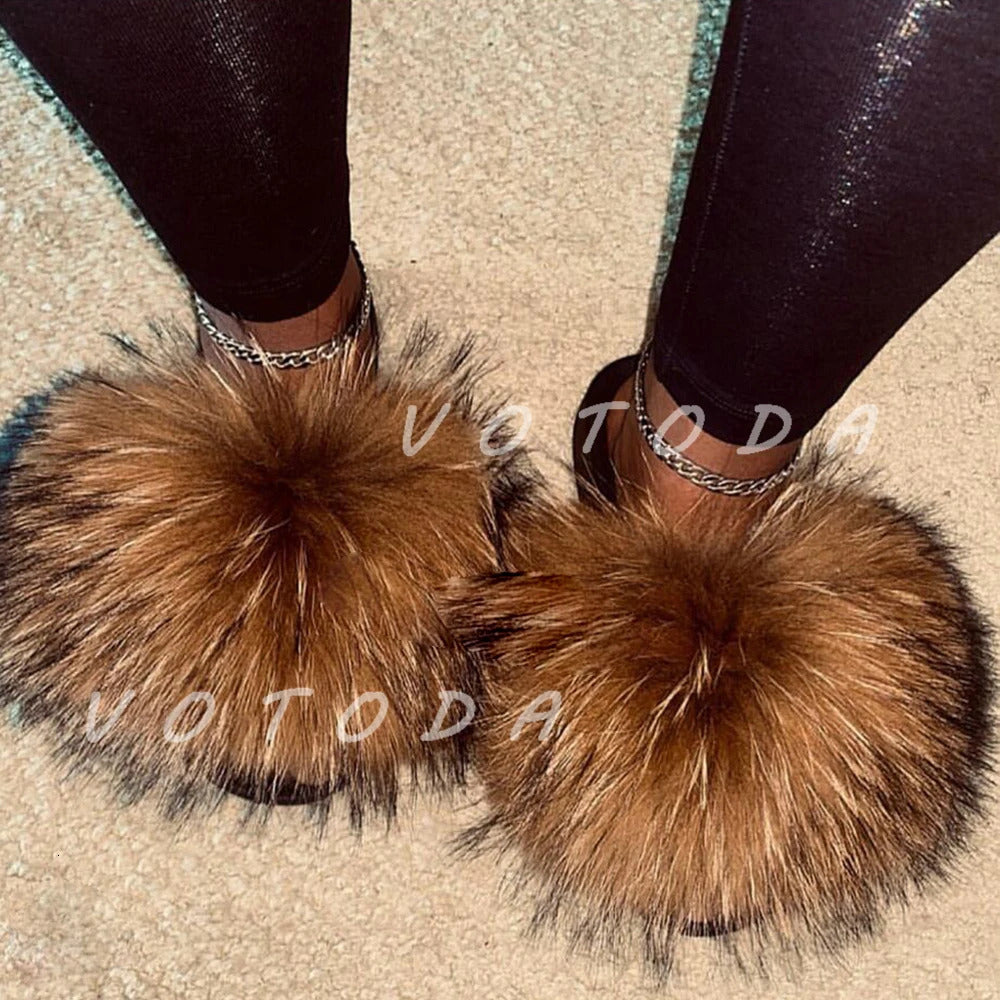Summer Women Fur Slippers Woman Fluffy Raccoon Fox Fur Slides Female Furry Outside Flat Flip Flop Ladies Rainbow Slip On Sandals 240612