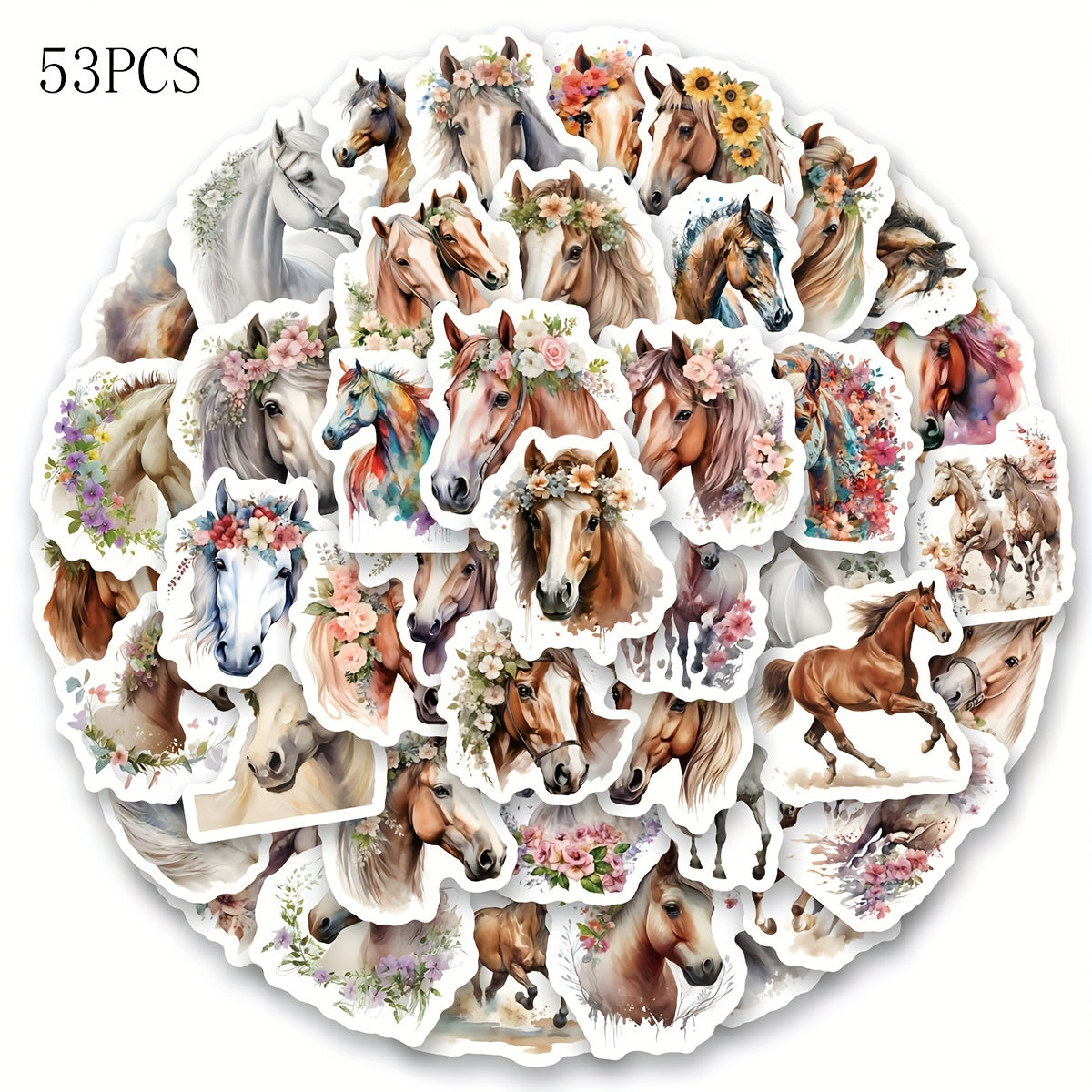 TEMU Zxirna 53pcs Floral Horse Vinyl Stickers - Aesthetic Animal And Flower Decals For Scrapbooking, Journaling, Laptops, Bumpers, Skateboards, Water