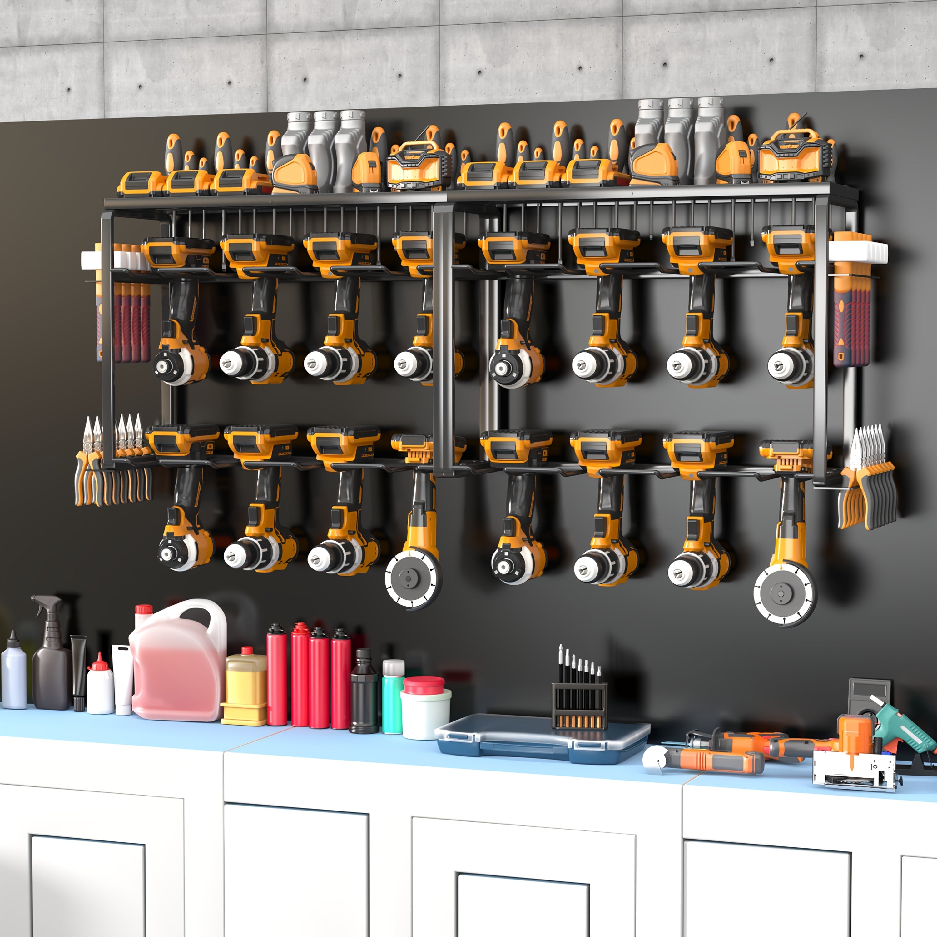 TEMU Heavy-duty 3-layer Power Tool Organizer Wall Mount - 8 Cordless Drill Slots, Multi-functional Storage Rack, Space-saving Garage Tool Shelf For
