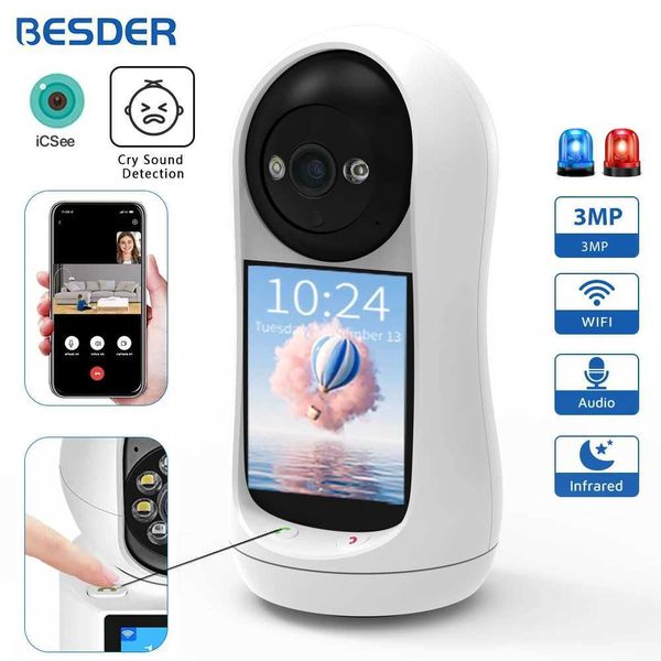 BESDER 3MP PTZ Wifi camera for video calling equipped with a 2.8-inch IPS screen for detecting baby crying sounds and a secure IP camera for