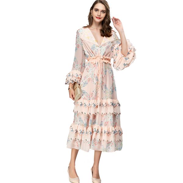 Women&#039;s Runway Dresses V Neck Long Lantern Sleeves Printed Tired Ruffles Lace Up Fashion Designer Vestidos