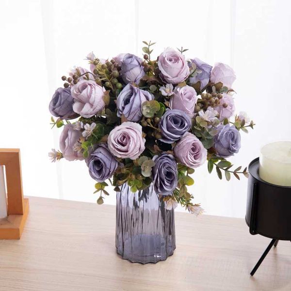 30cm Autumn Artificial Flowers Pink Roses Silk Bouquet Peony Vase DIY Bride Wedding Home Room Christmas Decoration Fake Plants Y240801
