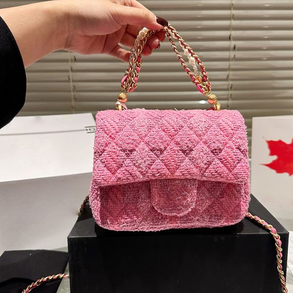 Pink Knitting Tweed Women Designer Shoulder Bag Pearl Decoration Classic Flap Gold Hardware Matelasse Chain Lovely Lady Cross Body Handbag 1