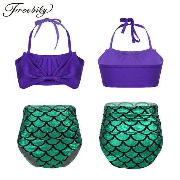 One-Pieces 2PCS Girls Tankini Mermaid Swimsuit Swimwear Kids Swimming Set Halter Tops + Glittery Scales Pattern Bottoms Children Swimsuits H