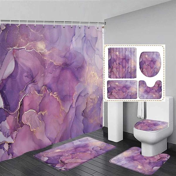 Abstract Purple Marble Shower Curtain Set Modern Watercolor Ink Art Home Bathroom Decorative Floor Rug Bath Mat Toilet Lid Cover Y240815