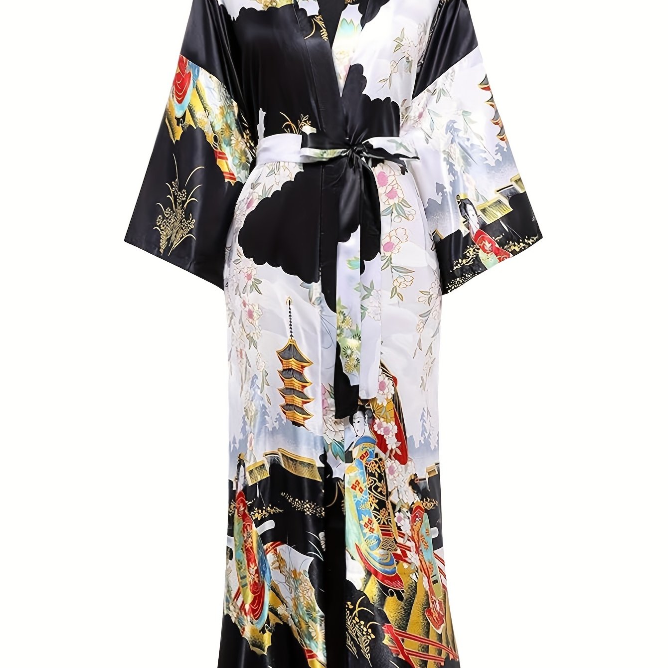 TEMU Long Kimono Robe Satin Sleepwear Gradient Watercolor Silky Kimono Nightgown Bathrobe Kimono Blouse Cardigan