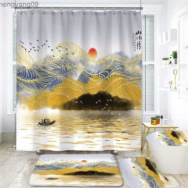 Shower Curtains Landscape Ink Bamboo Painting Shower Curtains Chinese Style Bathroom Accessories Partition Waterproof Bath Curtains Rugs Mat