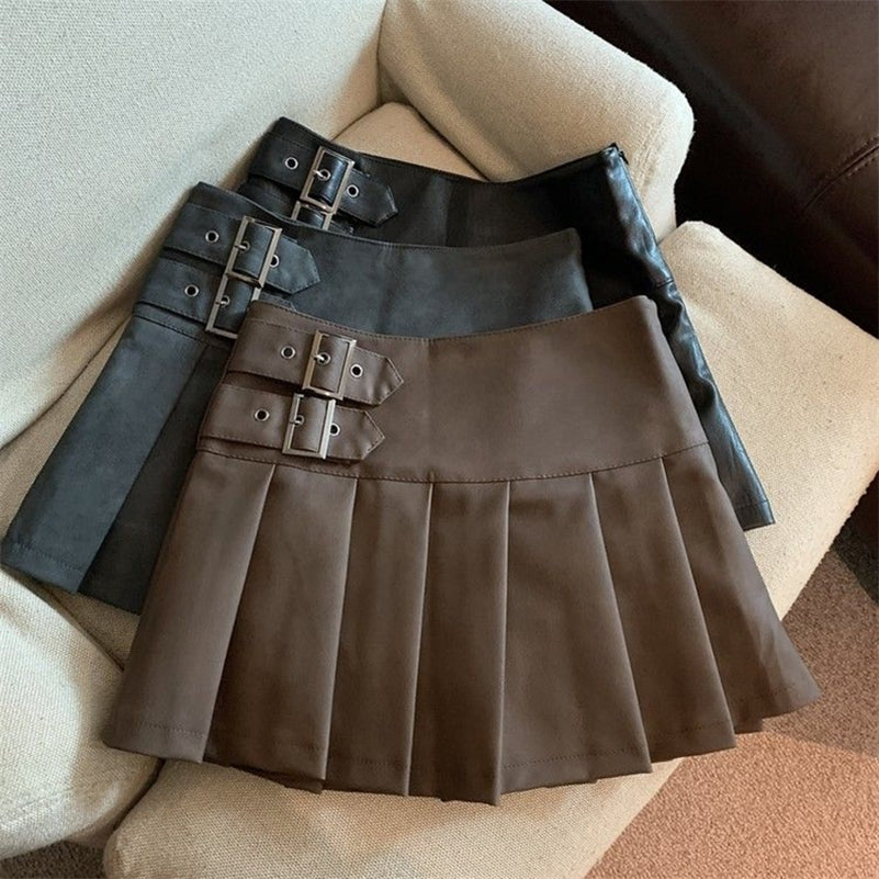 MEXZT S-3XL Y2K Pu Leather Mini Skirts Women Streetwear High Waist Pleated Skirt Vintage Korean Black Slim Casual A Line Skirts 250324