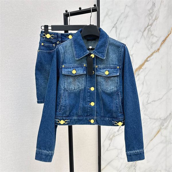 Retro Denim Jacket A Line Skirts Lapel Short Coat Gold Button Slim Denim Skirt Designer Two Piece Skirts Set