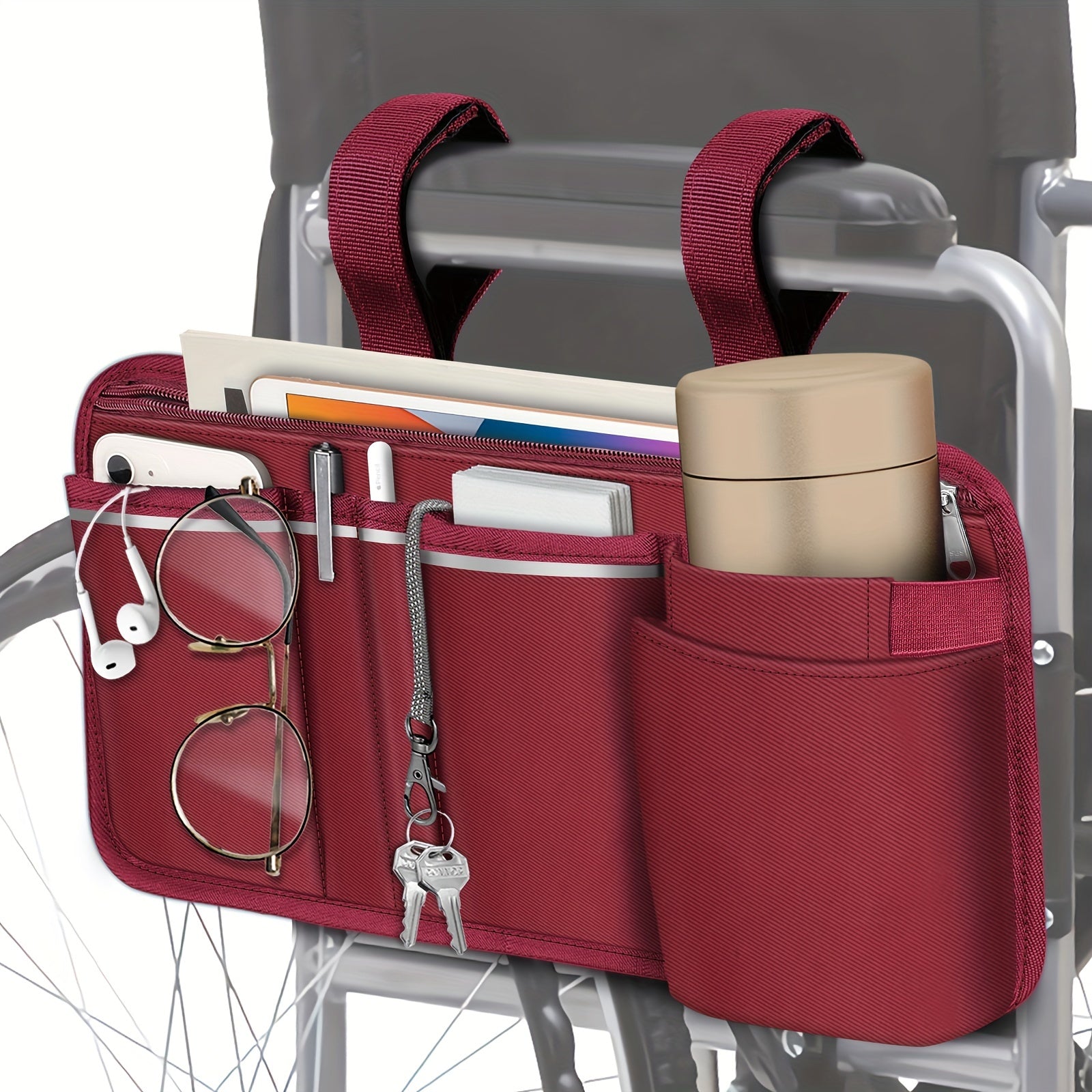 TEMU 1pc Wheelchair Side Storage Bag With Cup Holder, Wheelchair Rollator Accessories, Wheelchair Bag Armrest, Wheelchair Cup Holder Attachment