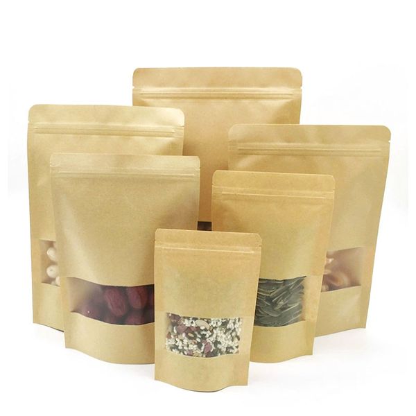 200pcs Brown Kraft Paper Bags Frosted Clear Window Zipper Retail Mylar Stand Up Pouch For Cookies Snack Candy Coffee Bean Christmas Nuts Gif