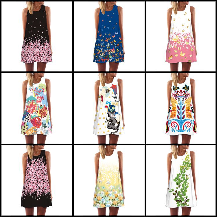 B355 New European and American digital printing round neck hot selling loose swing off-shoulder mid-length dress