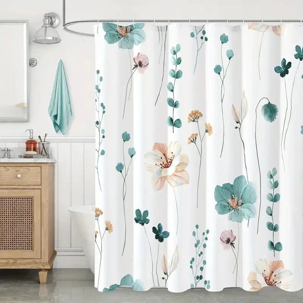 1pc Modern Watercolor Floral Shower Curtain Set with Hooks - Waterproof and Minimalist for Bathroom Black shower curtain 250207