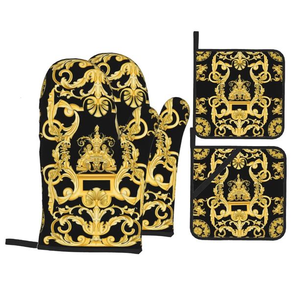 Golden Europe Floral Oven Mitts and Pot Holders Sets of 4 for Baking Heat Resistant Baroque BBQ Kitchen Gloves Potholders 241112