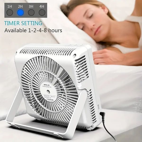 8in-21cm Desk Fan With Timer, USB Operated, 5 Speeds Powerful Wind, Quiet Operation For Personal Office, Portable Table Flat Box Fan For Off