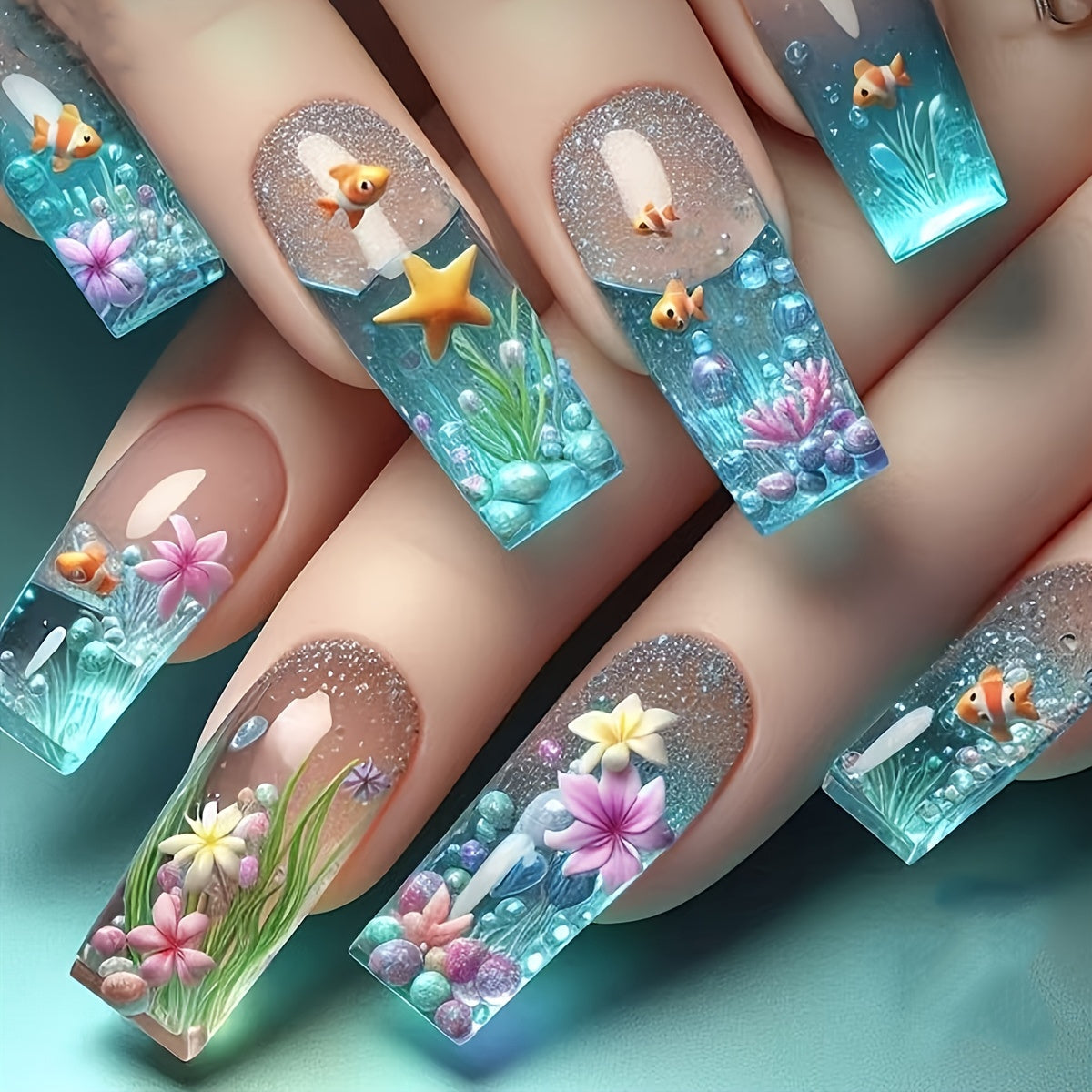 TEMU 24pcs Rectangular Nail Decals - Theme, Goldfish, Starfish And Ombre Design, Glossy Finish, Parties - Includes Jelly Glue And Nail File, Vibrant