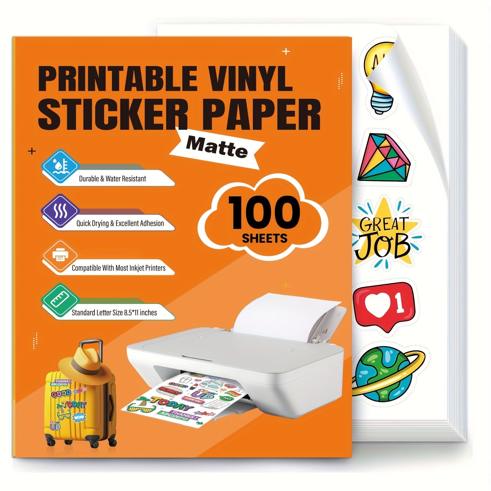 TEMU Printable Vinyl Sticker Paper - Decal Paper For Inkjet Printer - 100 Self-adhesive Sheets - Standard Letter Size 8.5"x11"(matte White)