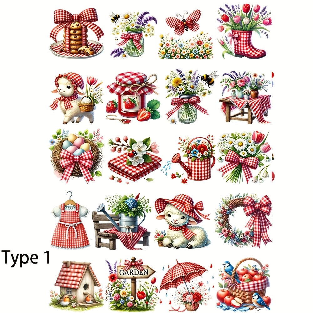 TEMU 1 Pack Vintage Stickers - Red Gingham Floral Lamb With Bow, Umbrella & Garden Sign Designs - Self-adhesive Glossy Paper Decals For Diy