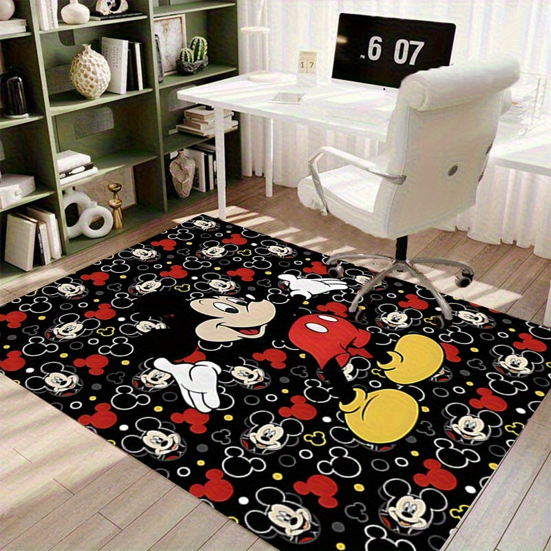 TEMU 1pc Mouse Anti-slip Rug- Black& Red Cartoon Design With White Flowers, Polyester Floor Mat For Living Room, Bedroom, Or Office Chair Mat- Home