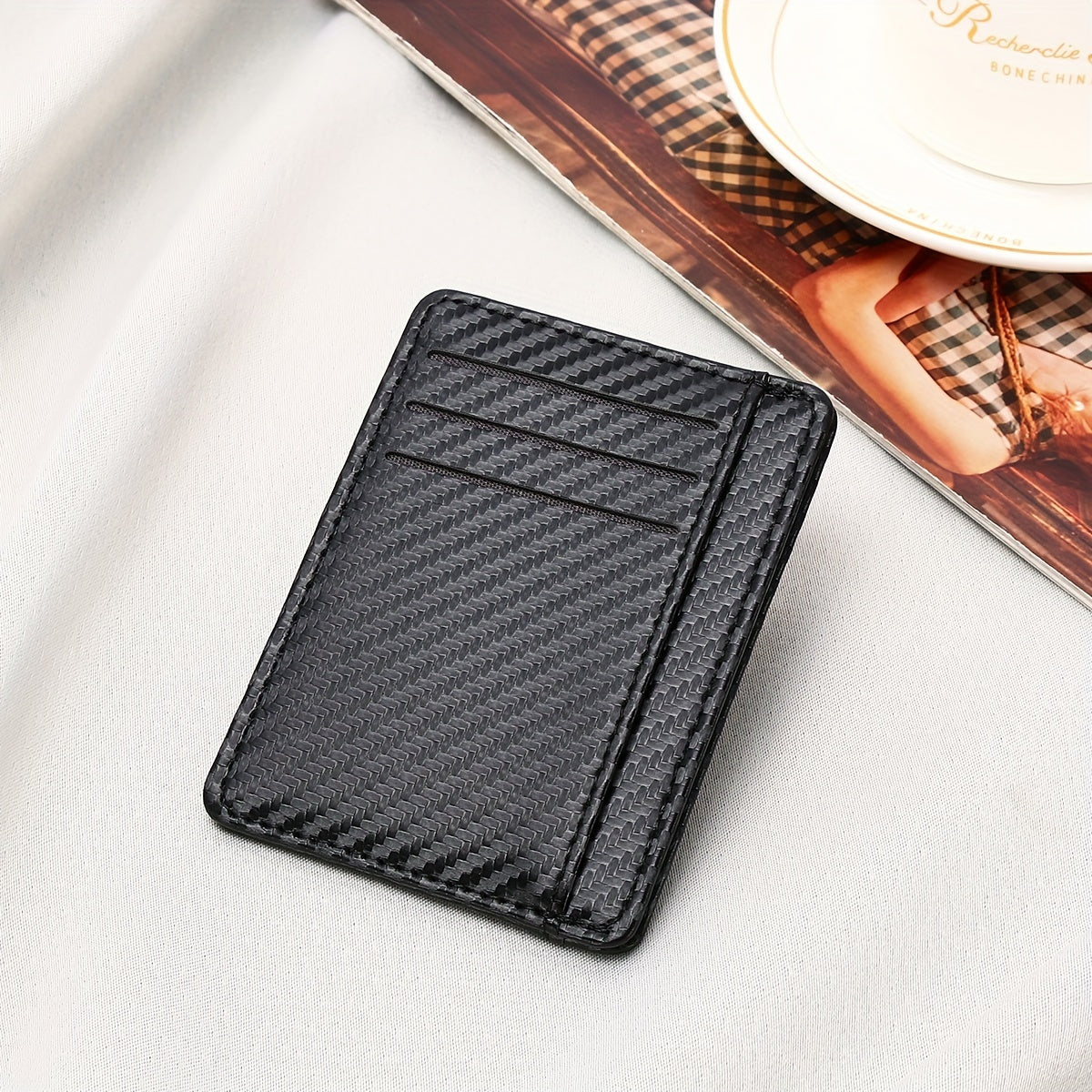 TEMU 1pc Black Pu Leather Slim Wallet With Carbon Fiber Design – Minimalist Credit Card Holder & Coin Purse For Men, Perfect Gift For Birthdays,