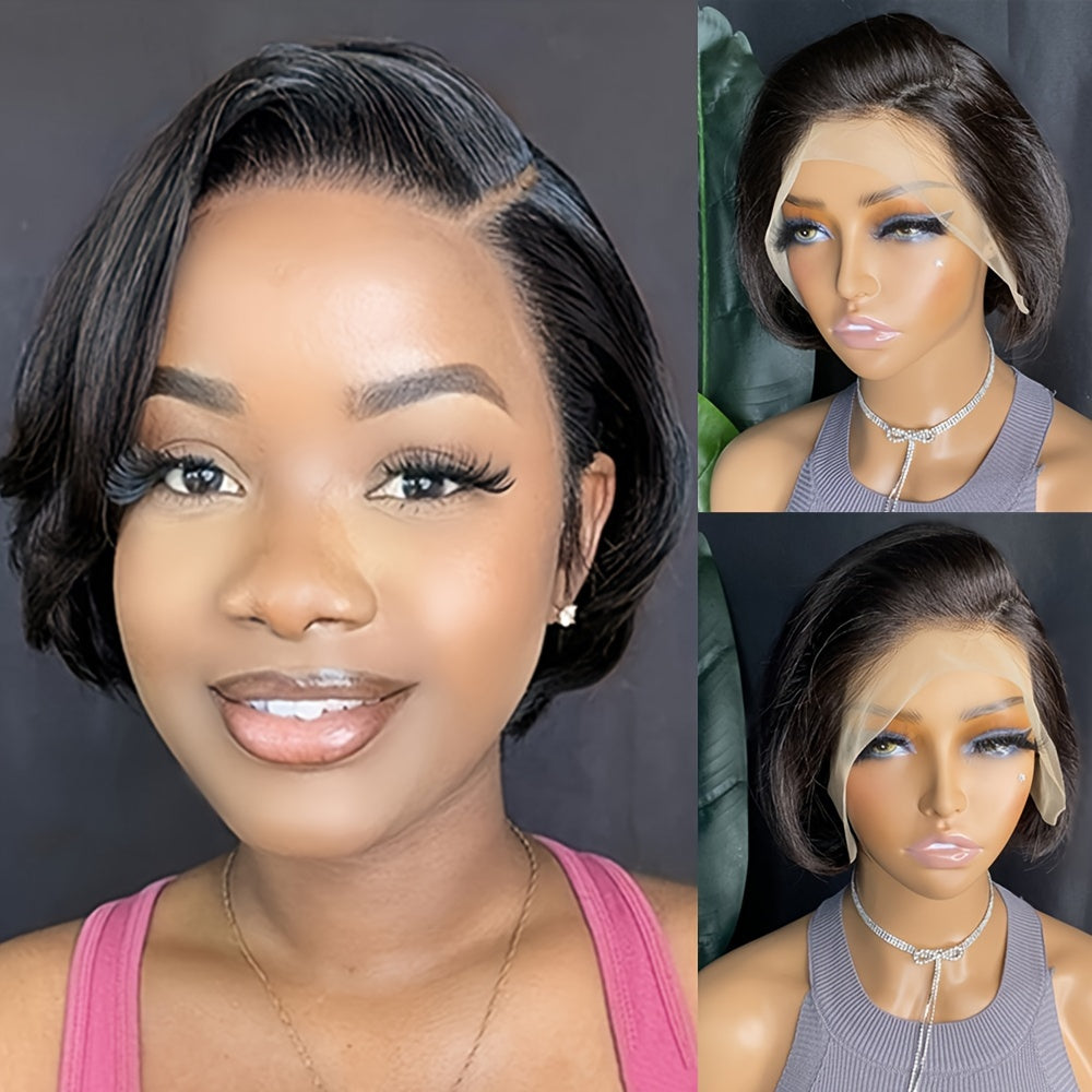 TEMU 13x4 Lace Front Wig For Women - Short Straight Bob Cut, 8-inch, 150% Density, Natural Brazilian Human Hair, Elegant Style, Perfect For