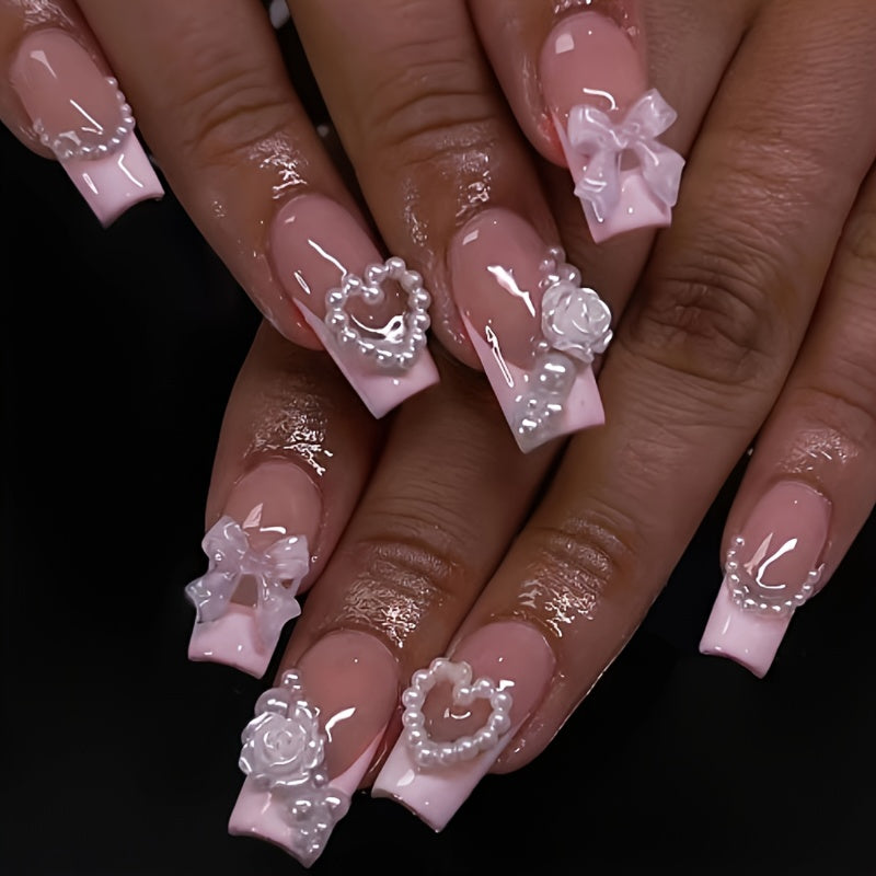 TEMU 24pcs Long Square Glossy French False Nails - Removable Press-on Nail Patches With Heart, & Bow Designs, Mixed Pastel Colors For Weddings,