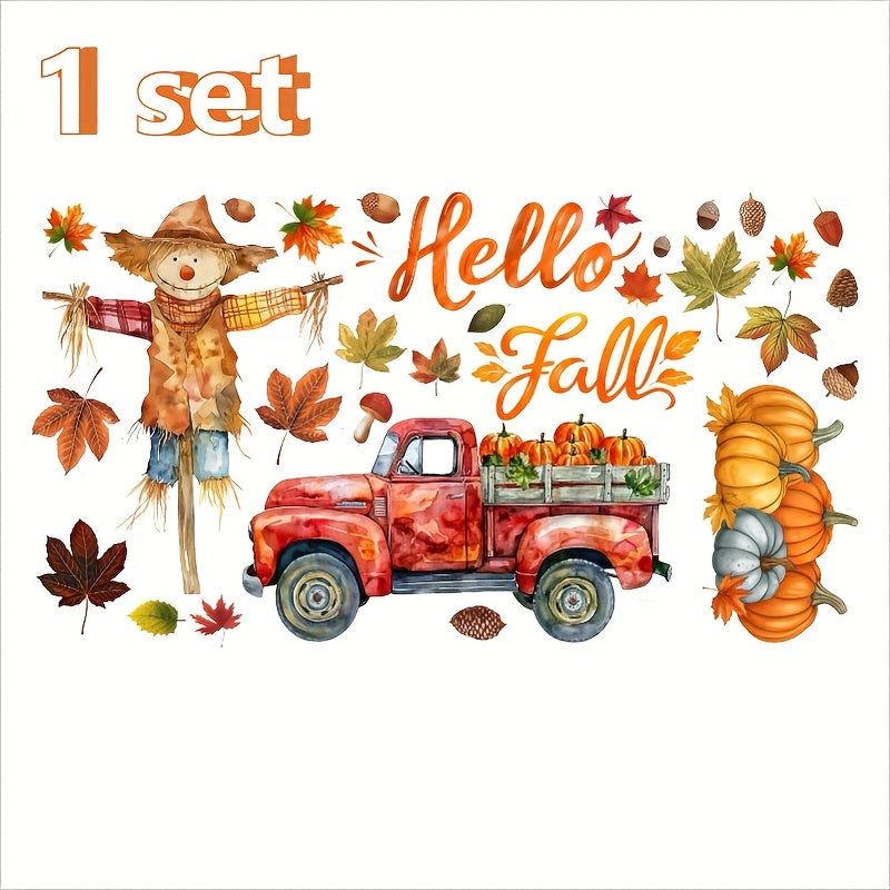 TEMU 1 Set Autumn Window Clings - Double-sided Pvc Static Cling Decals With Watercolor Truck, Pumpkin & Maple For Thanksgiving Decor, , Thickness,