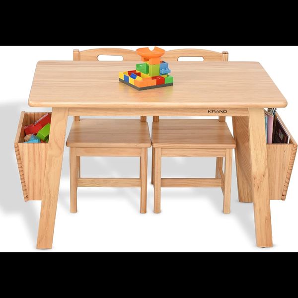 KRAND Kids Solid Wood Table and 2 Chair Set with Storage Desk and Chair Set for Children Toddler Activity Table