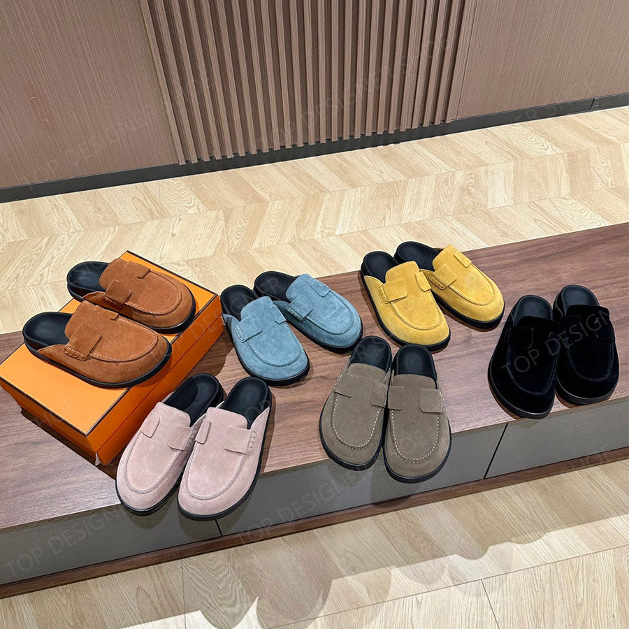 Designer Slides for womens Slippers Sandals Clog Suede Leather Blue yellow Pink Scuffs Outdoor Platform Slippers slip on holiday Flat shoes Moccasin