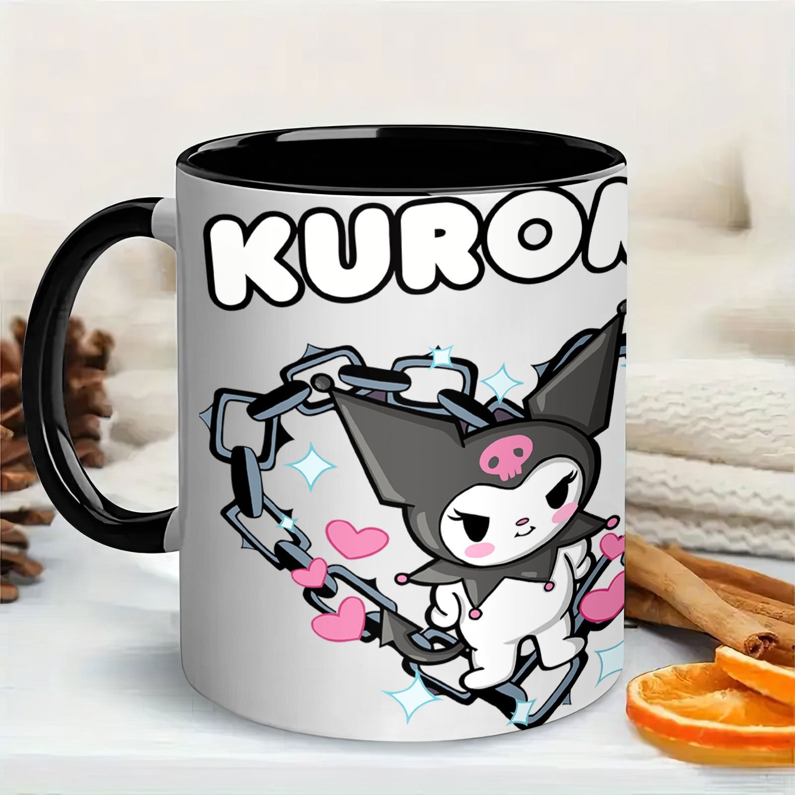TEMU Kuromi 11oz Porcelain Coffee Mug - Double-sided Cute Character Design With Chains & Stars, Coffee, Tea, Juice & Milk - Ideal Holiday Gift, Party