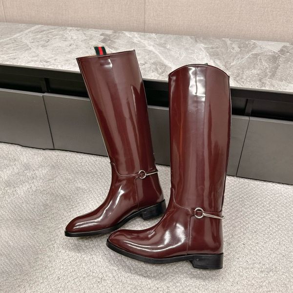 Knee High flat Riding Knight Boots Buckled Glossy Leather Round Toe Low Heel Patent tall Boot Women Luxury Designer Leather Sole Cold Pull O
