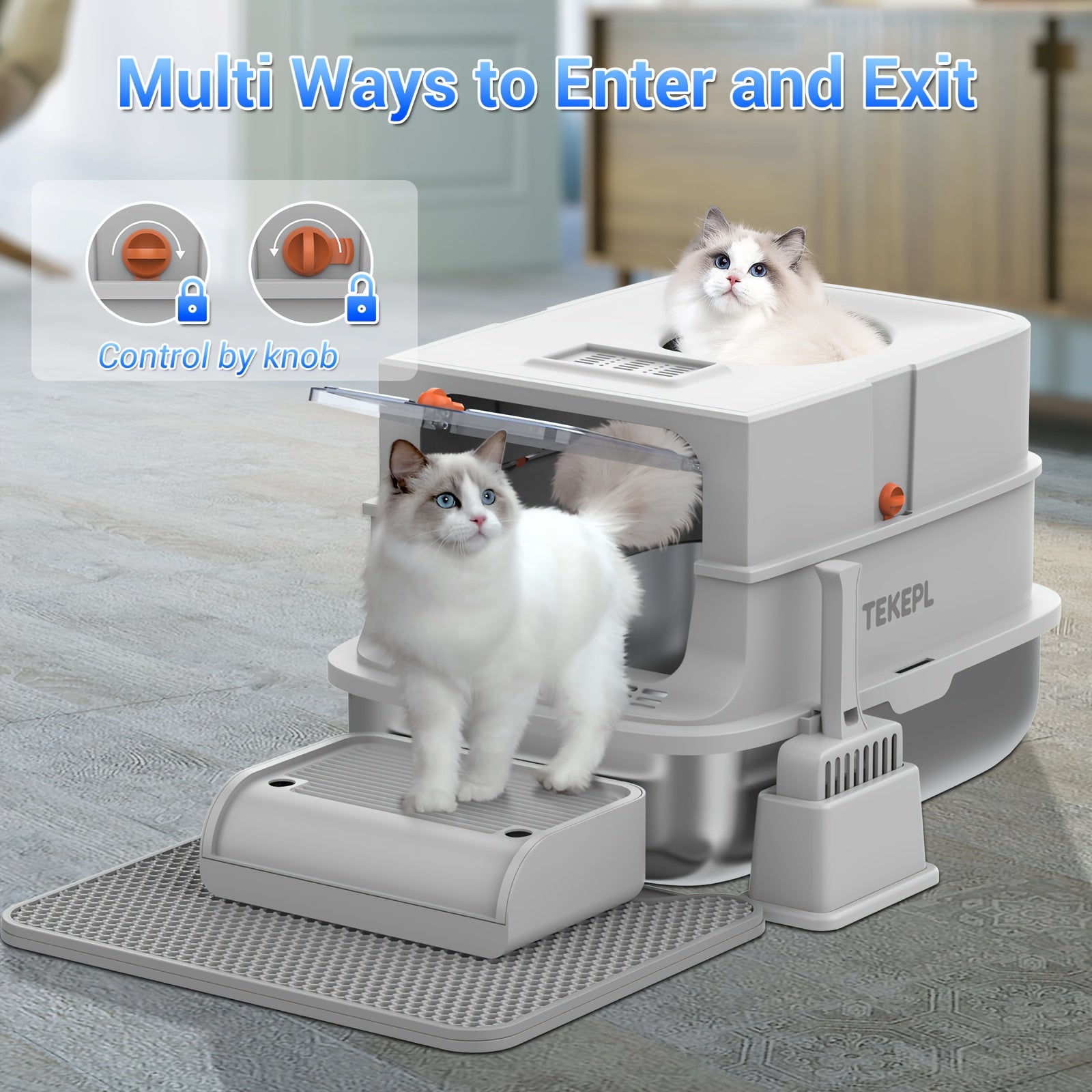 TEMU Tekepl Extra-large Stainless Steel Cat Litter Box With Lid, Enclosed- Semi-enclosed , Dual Entry, High-sided, , Easy - With Cat Litter Mat And